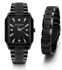 Elgin Adult Adult Male Analog Wristwatch and Bracelet Set in Gun Metal and Pave Design (FG160044ST)