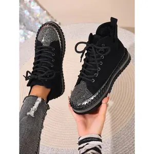 Women’s winter snow boots, casual short boots with lining, shiny rhinestone decor, flat lace-up warm thick-sole shoes