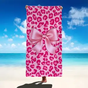 Pink Leopard Print Bowknot Microfiber Quick-Drying Beach Towel, Extra Large Size, Thick, Super Soft, Strong Water Absorption, Quick-Drying, Durable, Portable, Suitable for Summer Beach Vacations, Swimming Pools, Outdoor Camping Use