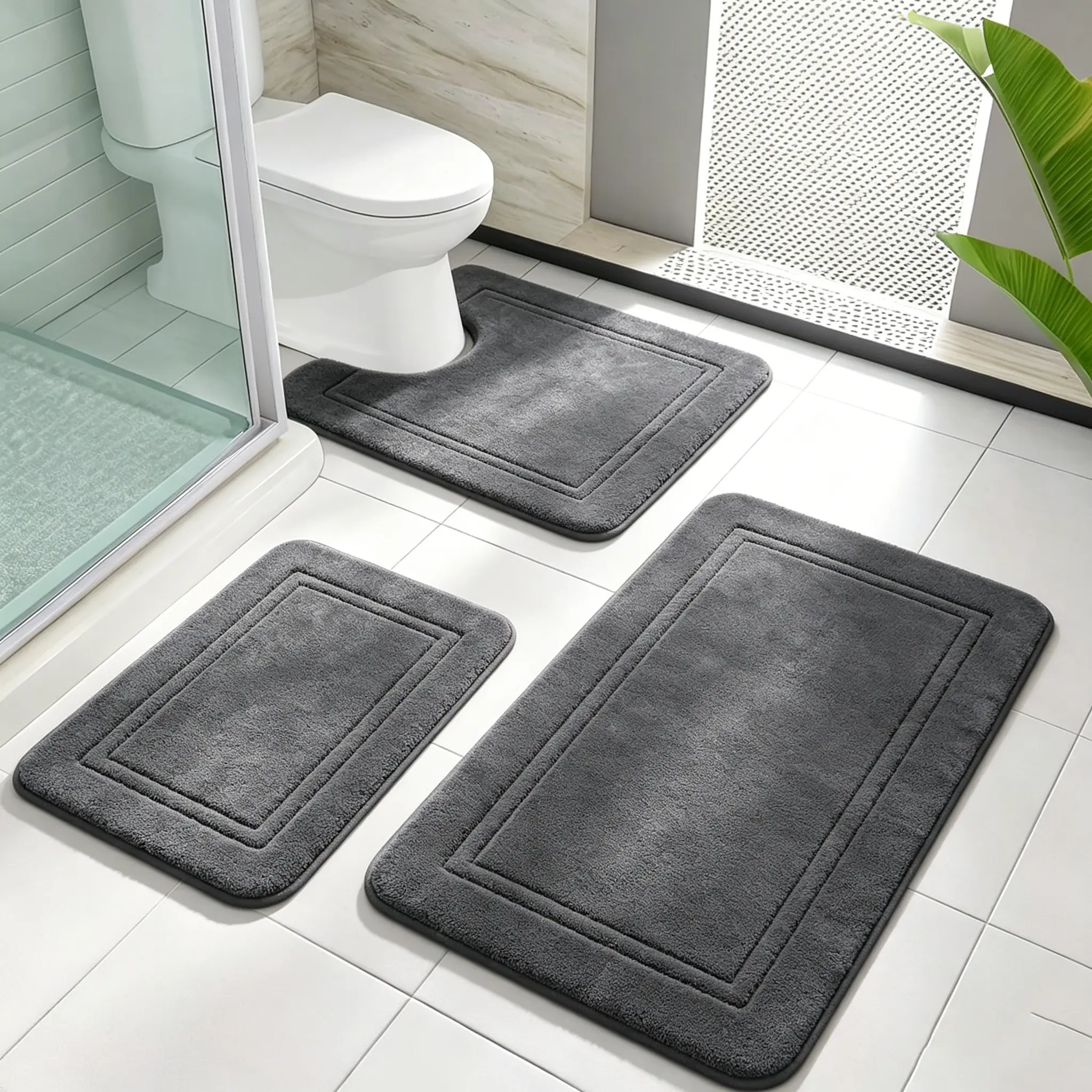 3-Piece Fluffy Thick Memory Foam Bathroom Rug Set with Silicone Backing - Non-Slip, Absorbent, Bordered Shaggy Bath Mat & U-Shaped Toilet Rug, Washable Soft Decoration for Tub, Shower Bath Decor