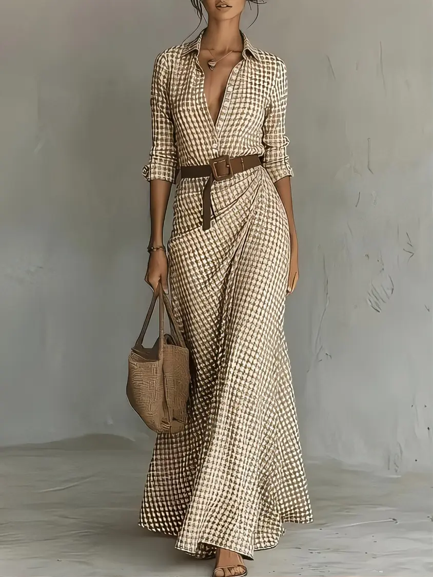 Women's spring and summer fashion dress with an elegant plaid lapel, long sleeves, and buttons (without a belt). Suitable for casual office wear, dates, vacations, and beach outings