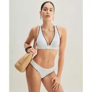 rihoas Women's 2-Piece Colorblock Print Triangle Bikini Set, White, X-Cross Design, Drawstring Waist, Polyester Blend Fabric, Removable Cups, Colorblock Print Bikini