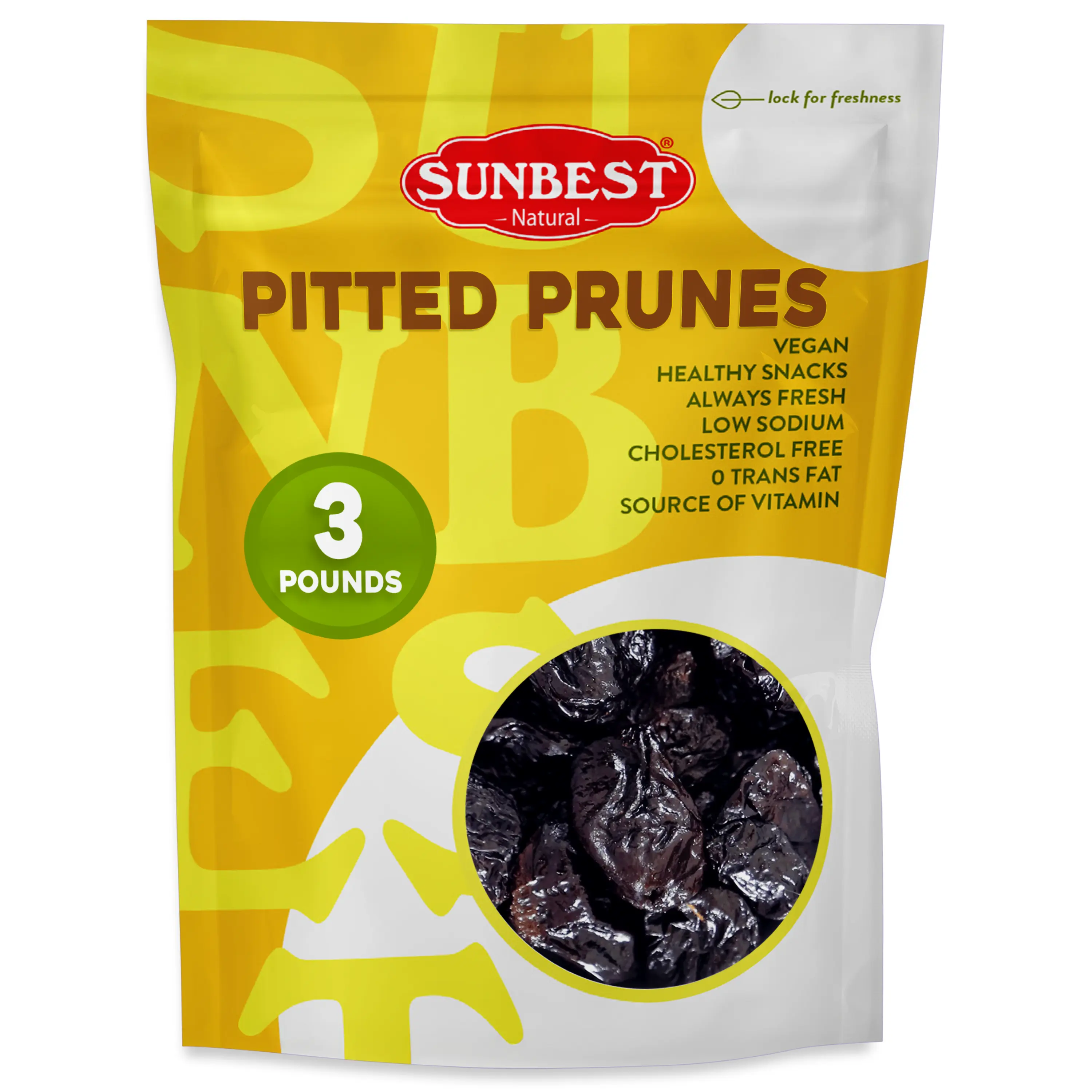 Sunbest Natural Jumbo Pitted Prunes - 3 lb (48 oz) Bulk Large Pack, Sweet Dried Plums, 16 Months Shelf Life, Good Source of Fiber for Digestive Support Snack, A Good Source Of Fiber