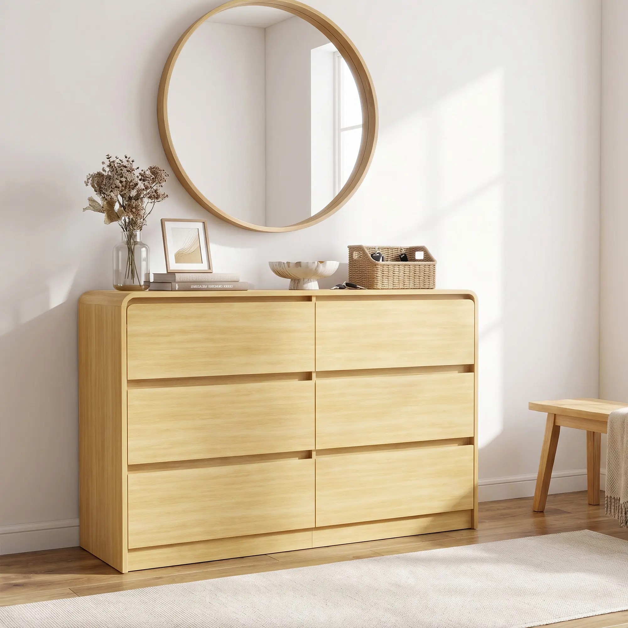 Spaco Modern 6 Drawer Dresser with Deep Drawer,Rounded Corner Design,Storage Wide Chest of Drawer,Wood Bedroom Dresser with Handle-Less Design,TV Dresser for Living Room，Light Wood