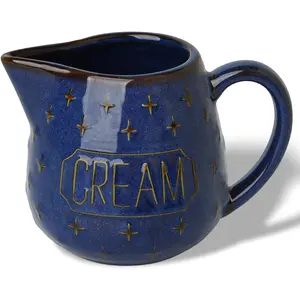 10 OZ Ceramic Creamer Pitcher with Handle for Milk, Sauces, Salad, Coffee, Farmhouse Kitchen Decor, Microwave & Freezer Safe (Vintage Blue)