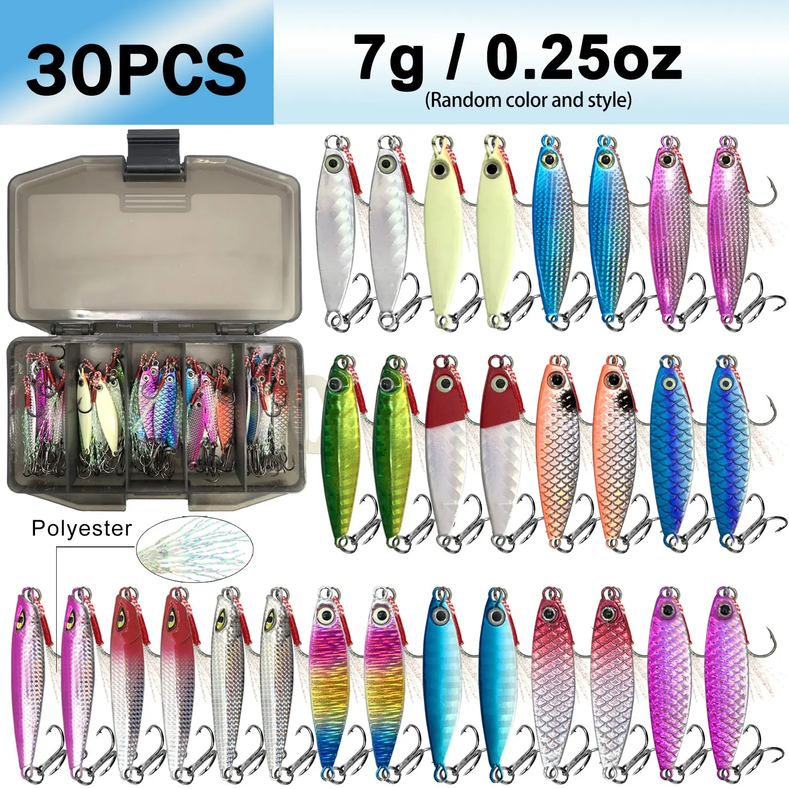 30pcs Double Hook Metal Jigs, 5 Sizes 7g/10g/15g/20g/30g, Metal Casting Clip Lures, Multi Species Lure, Suitable for Saltwater and Freshwater Fishing, Fishing Tackle Kit, Artificial Fishing Lures