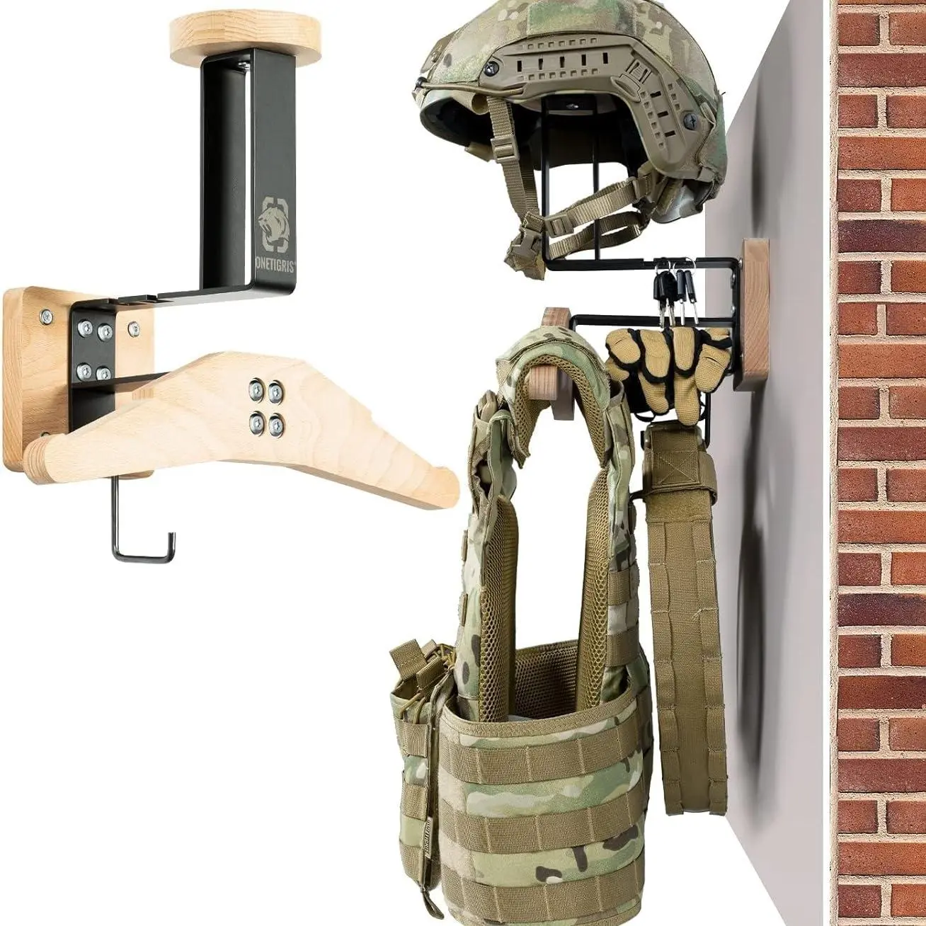 OneTigris Wooden & Metal Gear Wall Mount – Organiser Racks with Hangable Hooks for Hanging Keys and Gloves, Perfect for Motorcycle Enthusiast