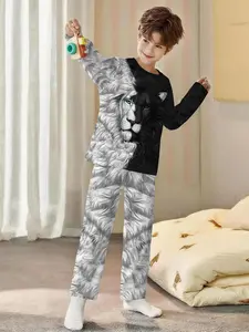 2-piece black and white double lion boys' digital printed long-sleeve pajamas with extended sleep pants, made of flame-retardant fabric. A fashionable, trendy, casual, comfortable and soft pajama set, suitable for sleeping and home leisure. 100% polyester