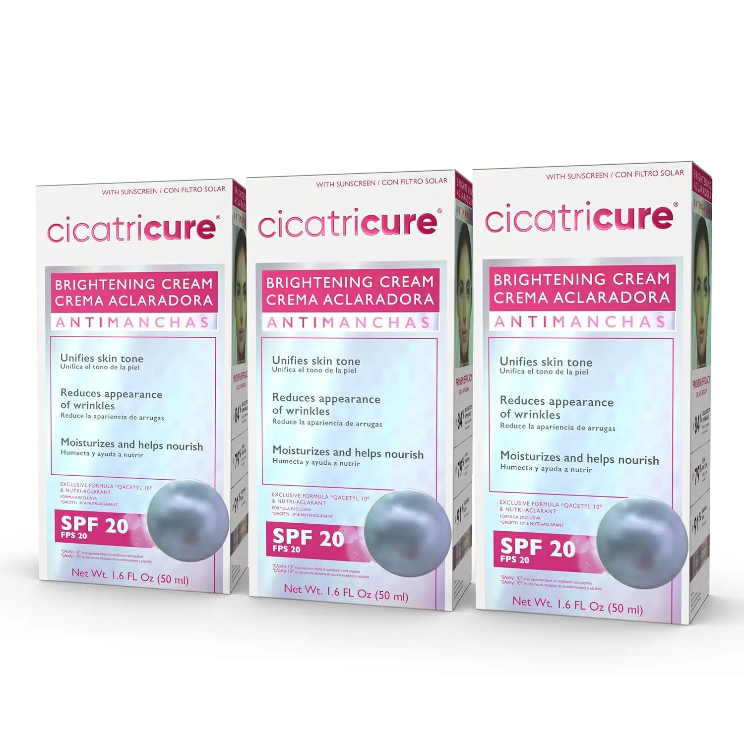 Cicatricure Brightening Facial Moisturizer 3 Pack - 3-in-1 Alcohol-Free Normal Skin Anti-Wrinkle Firming Hydrating Lightweight Face Cream with Q Acetyl 10, Nutri-Aclarant, SPF 20, Even Tone, UV Protection, 1.6 fl oz Each, Skincare Gift, Radiant Skin, Mice