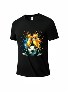 Men's Football Cheers Quick-Dry T-Shirt, Short Sleeve Sporty Print Top, Slim-Fitting Casual Wear for Daily Use and Outdoor Sports
