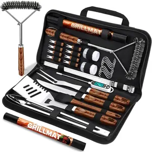 31pcs BBQ Grill Accessories Gifts for Men Dad, Heavy Duty Grilling Tools Gift Set for Father‘s Day, Stainless Steel BBQ Utensils Kit with Mats, Grill Brush in Carrying Bag Brown