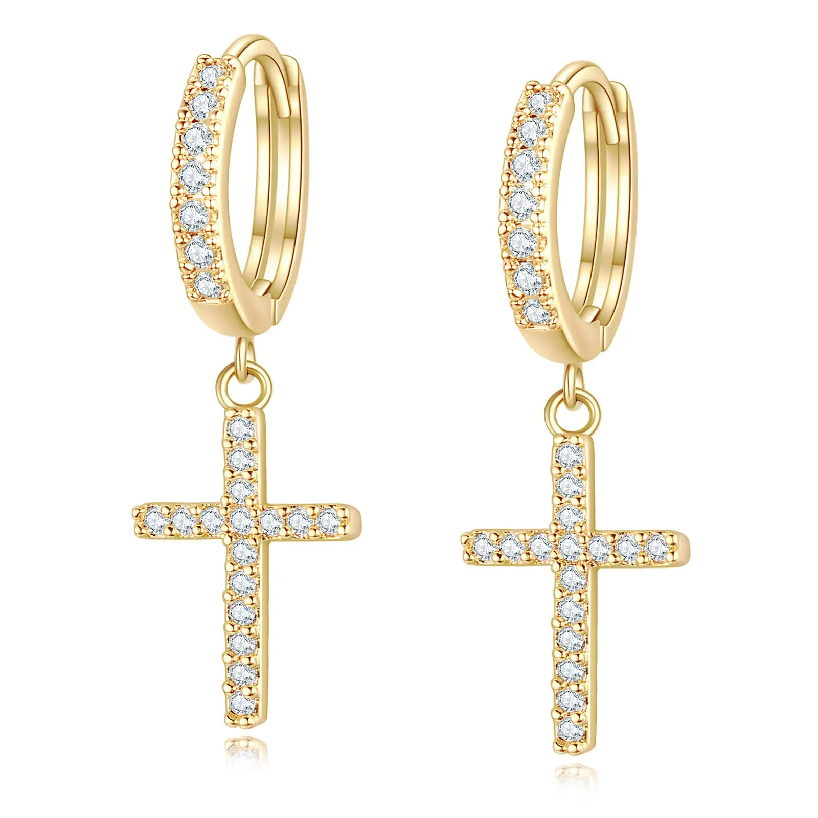 Gold Hoop Earrings for Women 14K Gold Silver Plated Drop Dangle Hoop Earrings with Cross Huggie Earrings Hypoallergenic Gift for Him