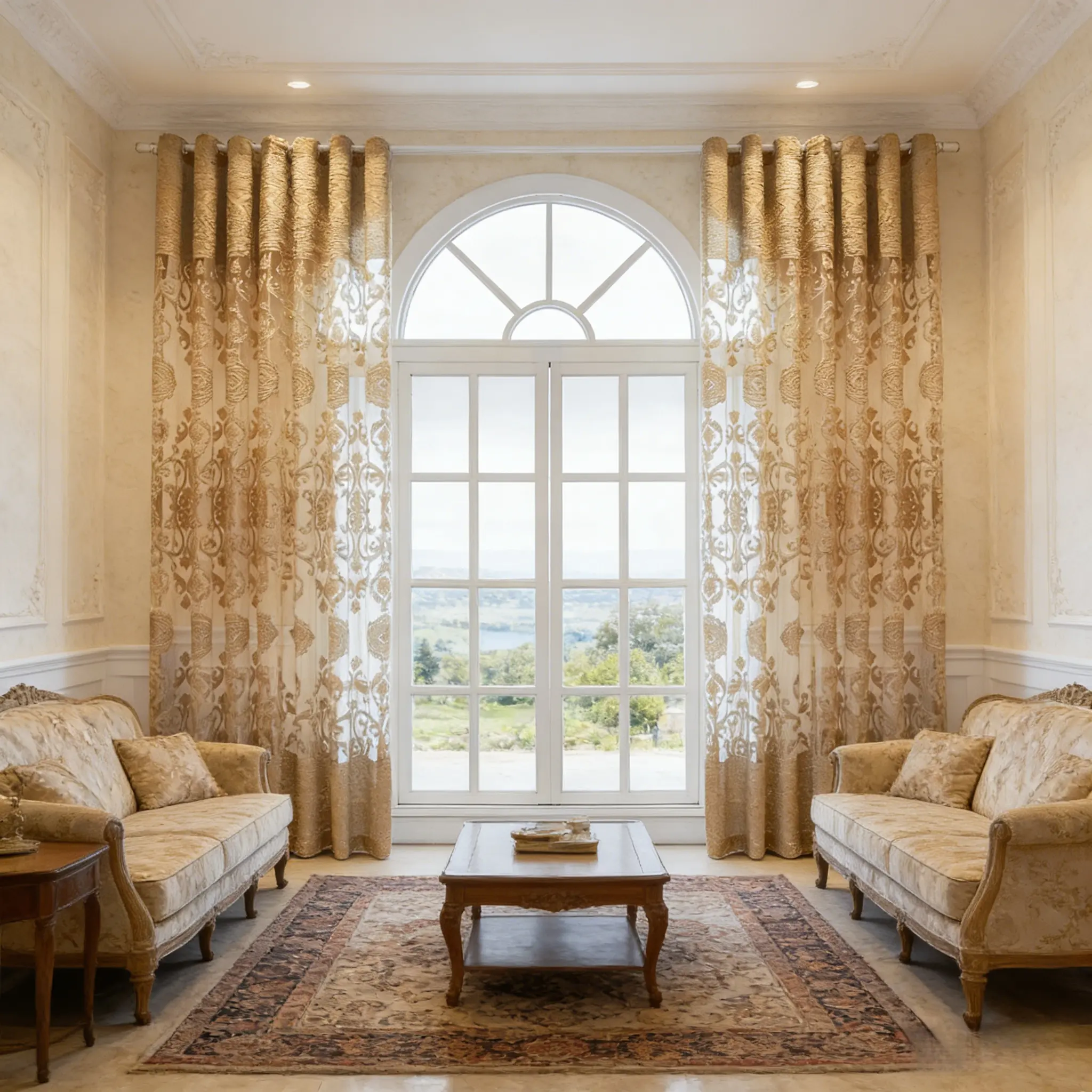 Gold Jacquard Sheer Curtain 2 Panels for Living Room Grommet European Drapes Sliding Door Voile Curtain for Bedroom