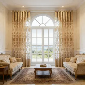Gold Jacquard Sheer Curtain 2 Panels for Living Room Grommet European Drapes Sliding Door Voile Curtain for Bedroom