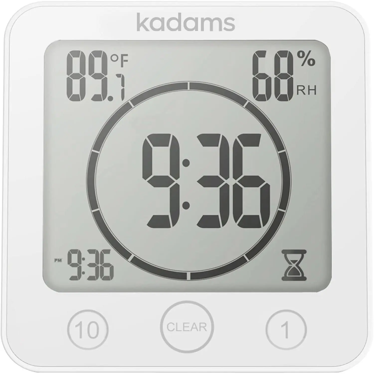 White Waterproof Digital Shower Timer with Alarm, Temperature & Humidity Monitor, Multiple Installation Options (Suction Cup, Hanging, Magnetic, Stand) for Bathroom & Kitchen Use