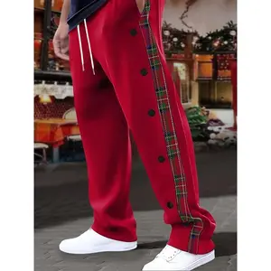 [Red Plaid Pants] Comfortable Stretch Men's Casual Plaid Pants - Red with Geometric Pattern |   Button-Front, Regular Fit, Casual Wear | Casual Style | Stretchable Fabric