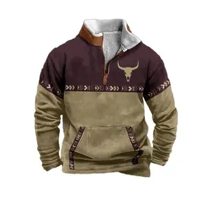 Men's Western Ethnic Jacket Vintage Bull Graphic Fleece Sweatshirt Casual Long Sleeve Half Zip Pullover Cotton Menswear jacket