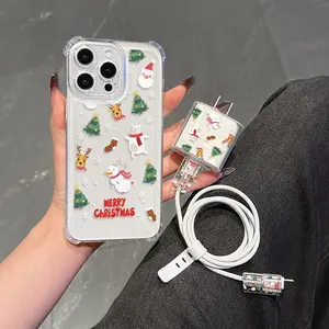 5 Piece Set Transparent Christmas Phone Case Pattern, Charger Head Cover, Cable Protector, Storage Rope, Anti-Drop Tpu Case for iPhone