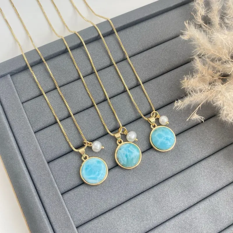 Larimar Round  Necklace with Gold Chain for Women's Jewelry Collection Featuring