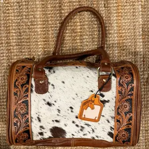 Medium Cowhide Speedy Bag with Tooling Floral Design and Brown Leather Trim