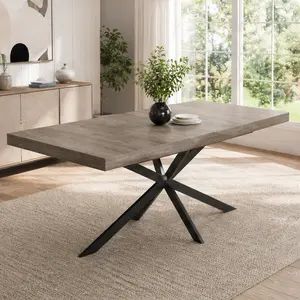 ARCH Retro Rectangular Stretch Furniture-Style Dining Table, 55-71in Extendable MDF Table with Storage Box, Gray Carole Top Embossed Center Plate, Metal Legs, for Dining Room & Kitchen, 165lbs Capacity, MDF+Metal Material, Furniture-Style Dining Tables