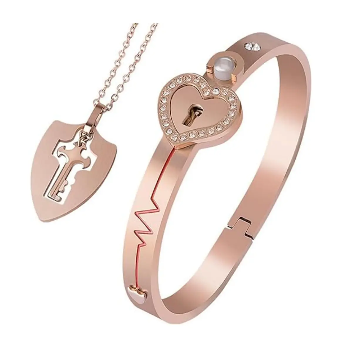 Titanium Steel Heart Lock Bracelet & Key Pendant Jewellery Gift Set - Trendy Unisex Romantic Accessories, Costume Jewelry for Christmas, Birthday Gifts