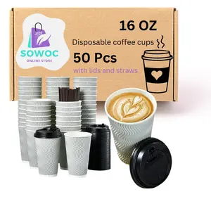 50 Pack - 16 oz Insulated Disposable Coffee Cups with Lids and staws-Gray