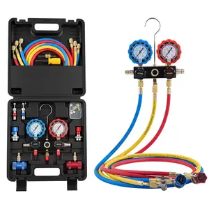 VEVOR AC Manifold Gauge Set for R134a R404A R1234yf R22 Refrigerant, 4 Way AC Gauge with 5 ft Hoses, Adapters, Quick Couplers, Can Taps for Automotive Air Conditioning Maintenance, Charging Evacuation