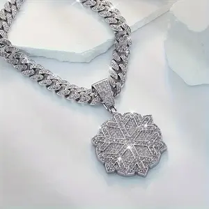 Hip-Hop Snowflake Pendant Necklace - Iced Cuban Chain, Unisex Street Style, Christmas Gift for Rappers Gold Plated autumn Versatile Heart name Sterling Silver Cross beaded bc tiara nut Gradient Diamond Bead Rosary safety pin Stainless Steel Link