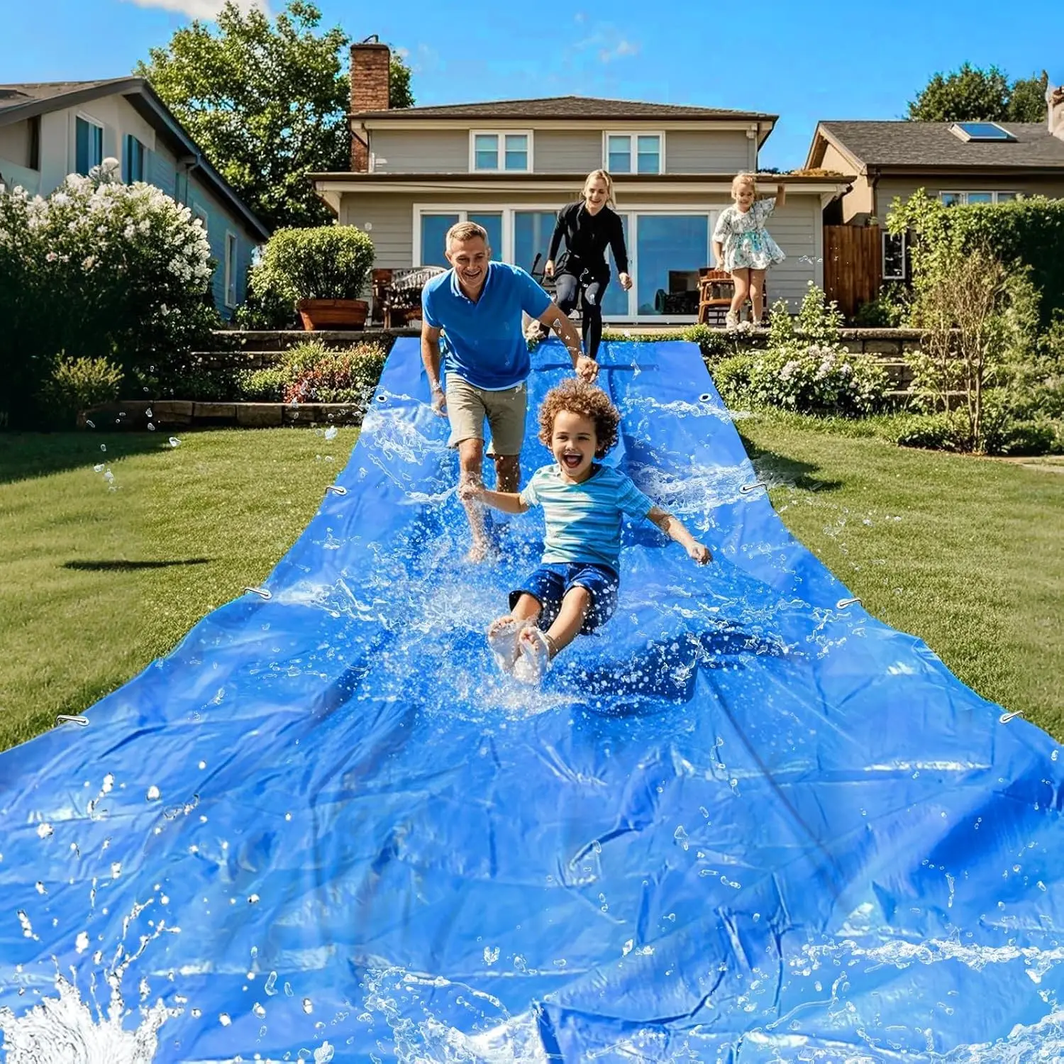 32.8ft x 9.8ft Heavy Duty Waterproof Slip Lawn Water Slide Tarp with 22 Pcs Metal Stakes for Adults and Teens, Perfect for Summer Outdoor Backyard Water Fun Play