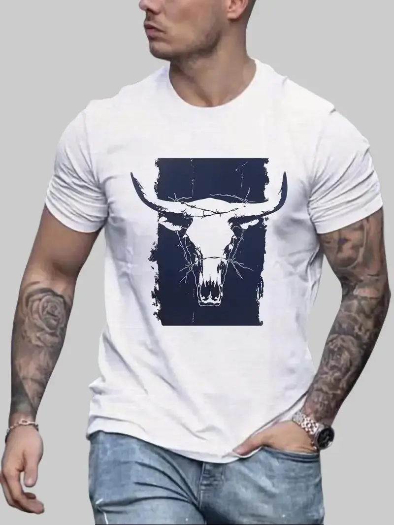 Men's Vintage Western Soft Streetwear T-Shirt - Bull Skull Graphic, 100% Cotton Thick Breathable Round Neck Cowboy Stuff Casual Outdoor Tshirt, Cowboy Ranch Graphic Men's Short-Sleeve T-Shirts,clothes for back to school,first day of school outfits
