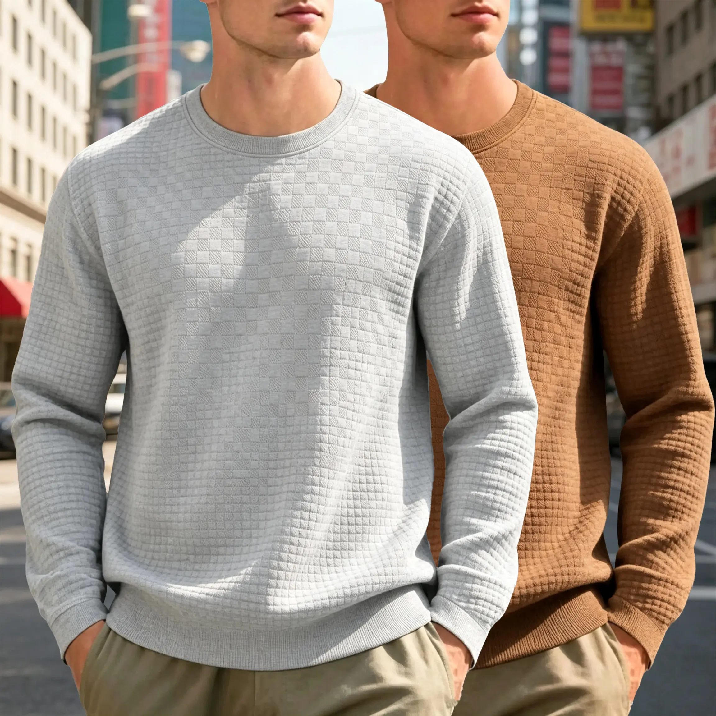 Men's White Waffle Knit Sweater, Crew Neck & Long Sleeve Design, Soft Breathable Cotton Blend for Spring Fall Casual, Office & Daily Wear – Slim Fit, Ribbed Cuffs/Hem, Thermal Texture, Classic, Crewneck
