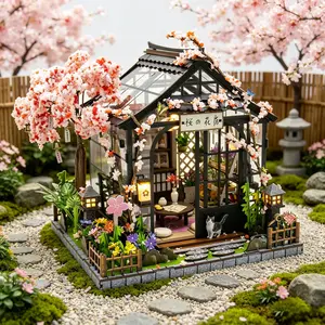M2621 Spring Cherry Blossom Greenhouse DIY Dollhouse, Wooden Miniature House Kit, Handmade Assembly Craft Decor, DIY Building Kit