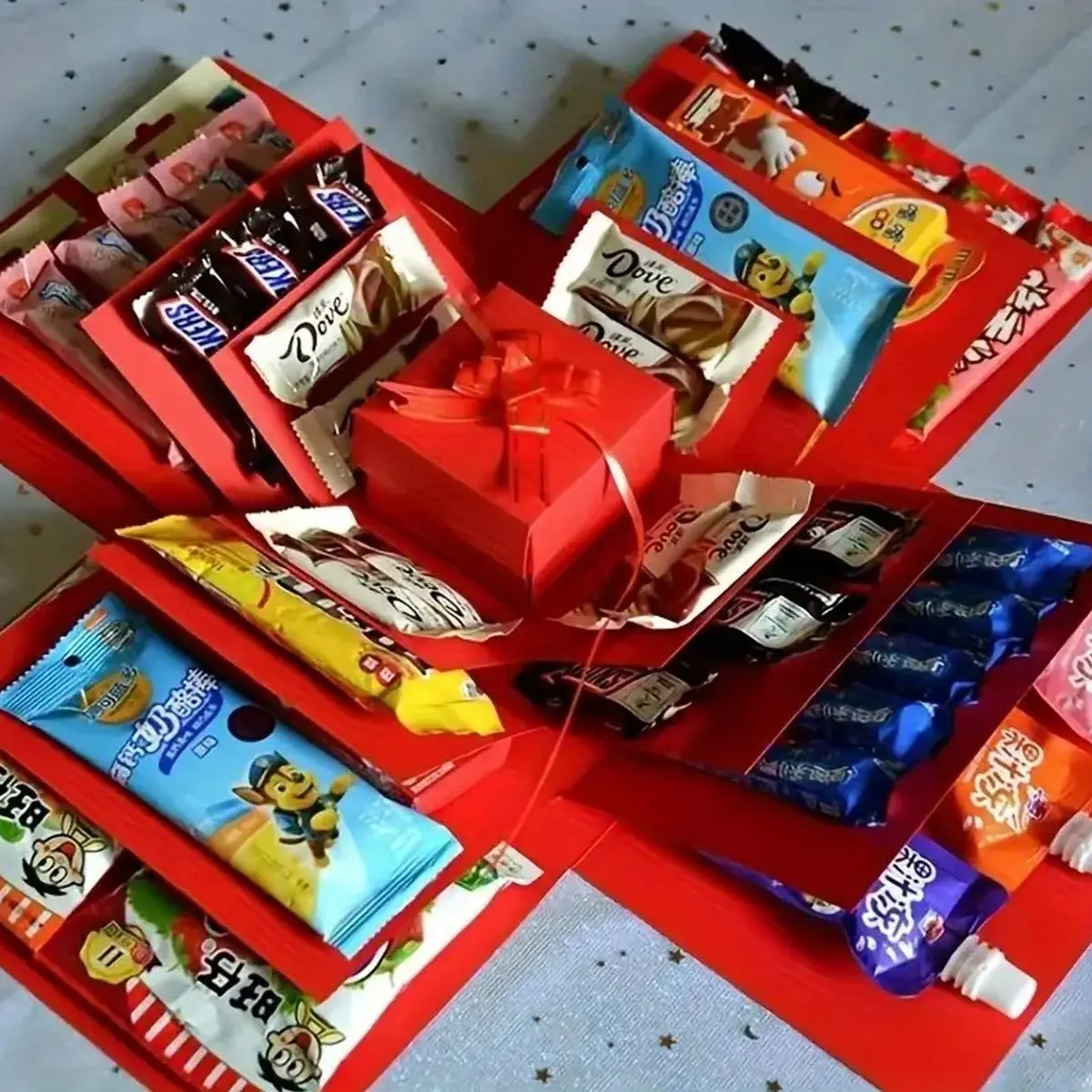 5 Layer Surprise Explosion Gift Box Design with Ribbon, Multi-Pocket Snack and Candy Storage, Perfect for Birthday, Holiday, Vacation