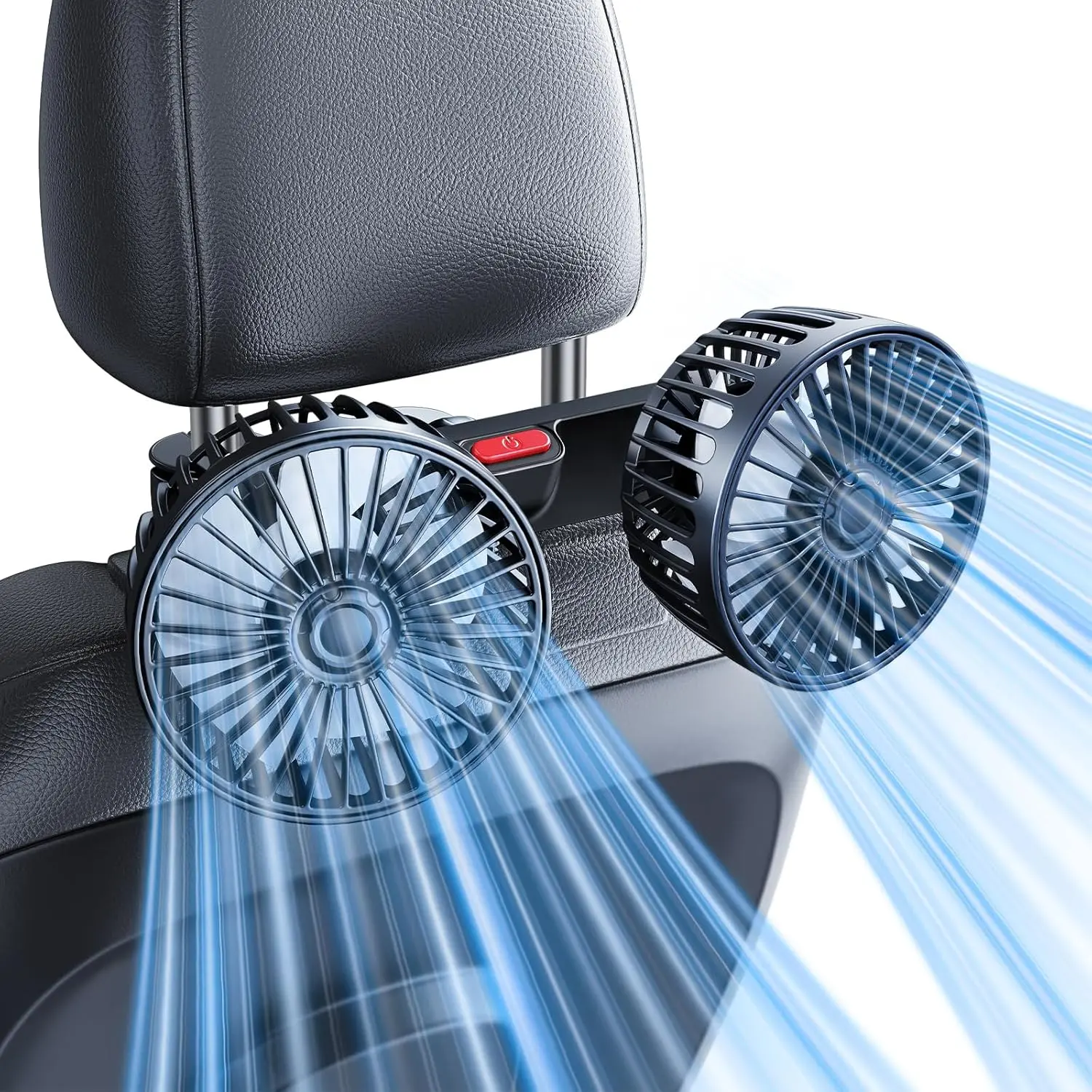 Dual-Head Rear Seat Car Fan, Powerful Airflow, 360° Rotation, Blows Both Left & Right, Adjustable Angle, Perfect for Pets, Front & Back Seats, USB & 12V/24V Powered