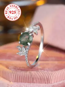 S925 Sterling Silver Seaweed Agate Ring, Unique Seaweed Design, Leaf Zirconia Band, Daily Versatile Jewelry Gift Box Included, Perfect Birthday Present