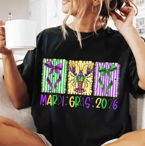 Preppy Mardi Gras 2026 Shirt, Crawfish and Coquette Bow Carnival Tee, Glitter Fleur De Lis Design Shirt, Fat Tuesday Festival Top, Festive Parade Shirt