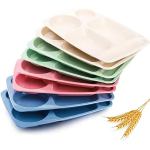 8-Pack Wheat Straw Divided Food Plates Set, 13.5" 5-Compartment Trays, Unbreakable, Lightweight, BPA-Free, Microwave & Dishwasher Safe
