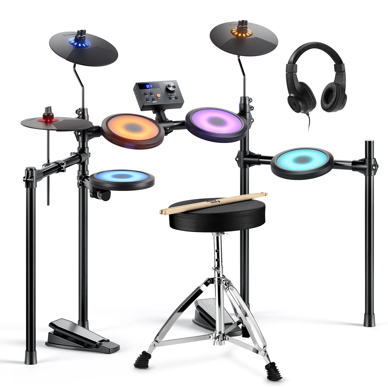 Donner DED-70L Beginner Electronic Drum Kit - Multifunction Percussion Instrument with 5 Drum Pads, 3 Cymbals, LED Lights, 150 Tones, Adjustable Rack, Dual Power, 40 Free Lessons, Headphones Compatibility