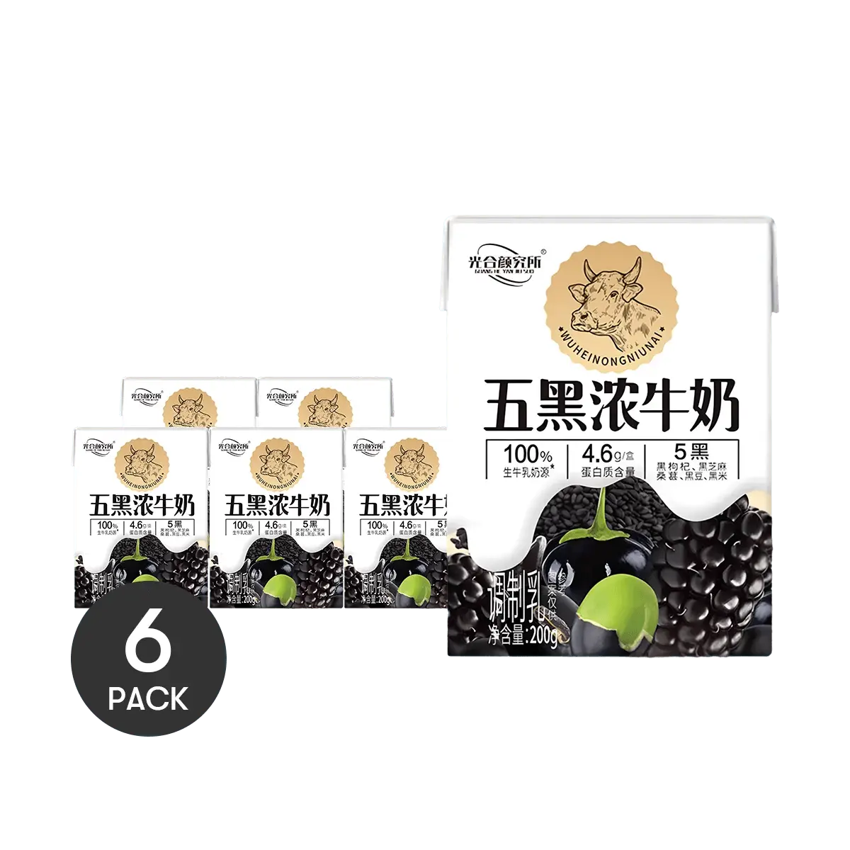 GHYJS Five Black Concentrated Milk Drink 200ml x 6 Pack - 100% Fresh Milk Source, High Protein 4.6g, Rich Black Nutrients