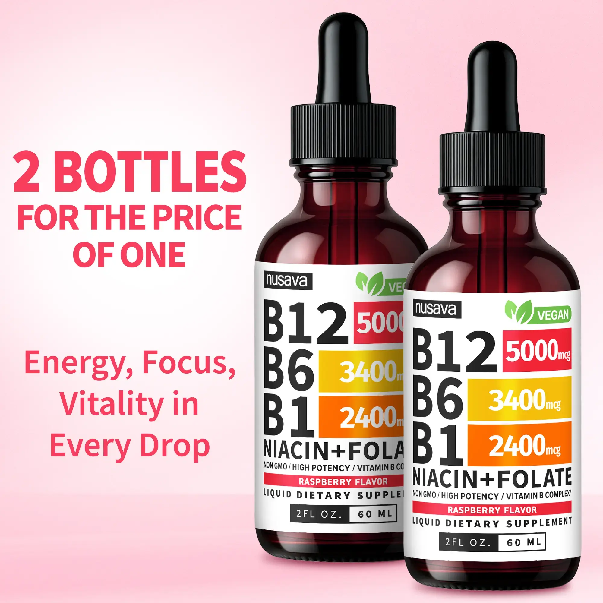 (2-PACK) Vitamin B12 Liquid Supplement Drops with B6, B1, Niacin & Folate - Edible Support for Energy, Brain & Heart, Non-GMO & Gluten-Free, 4 Fl Oz Fitness Dietary