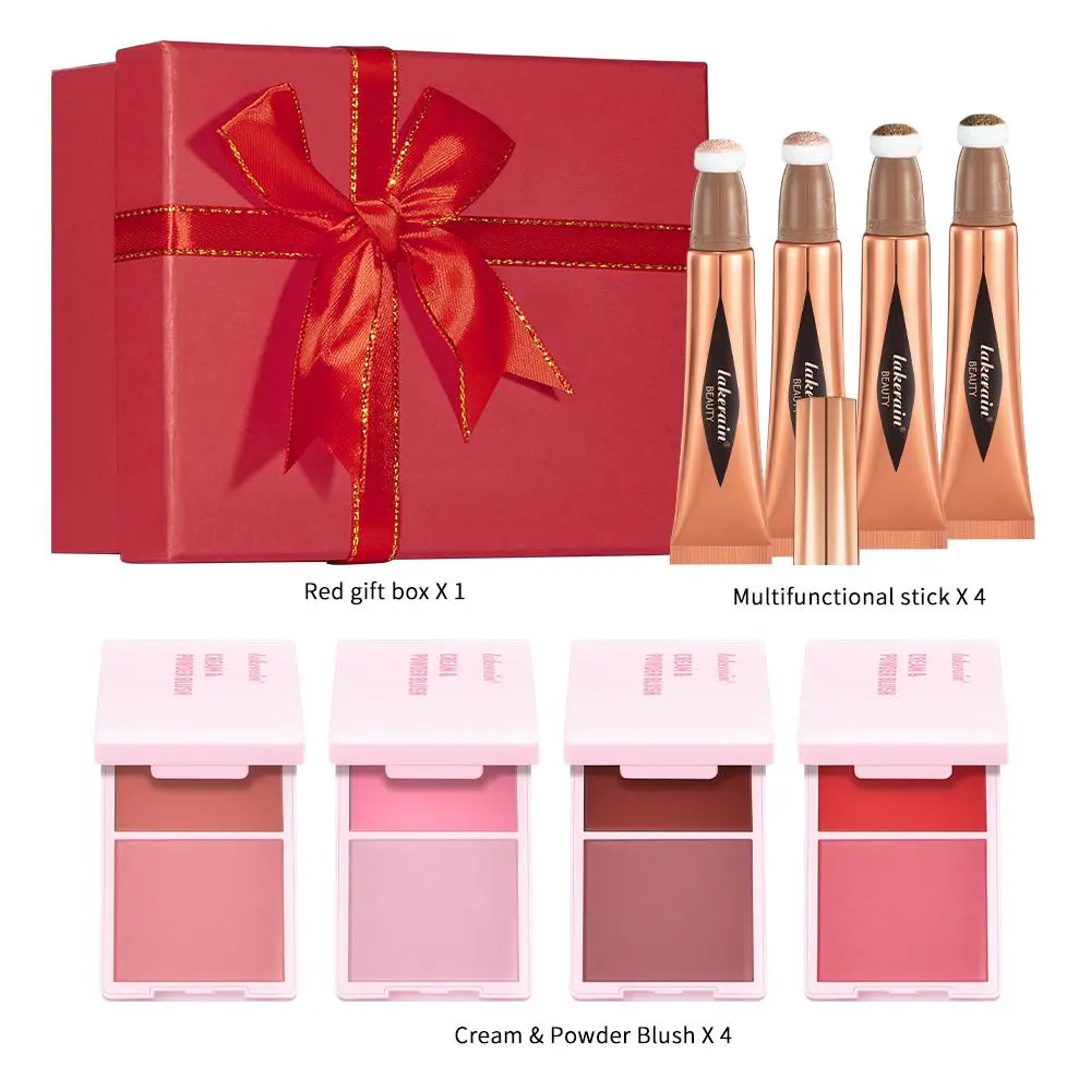 8 Counts Multifunctional Makeup Kit, 4 Counts Cream & Powder Blush Palettes, Natural Finish&Long Lasting| + 2 Shimmer Highlighter Sticks + 2 Matte Contour Sticks, Sponge Applicator for Easy Blending| Beginner-Friendly Makeup Set, Makeup Gift Sets