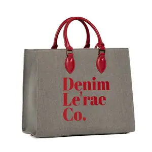 XL Ruby Wine and Grey Denim Tote Bag - Denim Le'rae Co. Stylish and Functional Handbag for Everyday Use