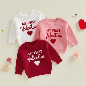 Babamoon Toddler Infant Baby Girl Boy My First Valentines Sweater Letter Love Heart Embroidered Ribbed Crew Neck Long Sleeve Knitted Tops Jumper
