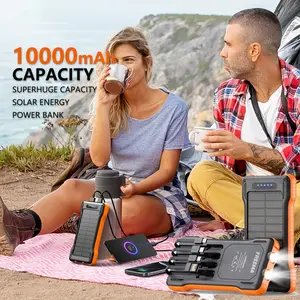 10000mAh power bank, Portable, equipped with flashlight, solar charging and power indicator light. Comes with a 4-in-1 cable, which can charge your phone and recharge the power bank itself. Ideal for outdoor camping and hiking.
