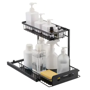 【Spotlight Day】VEVOR 2 Tier Pull Out Cabinet Organizer(10.7"W x 14.2"D ), Under Sink Organizer and Storage, Slide Out Drawer Cabinet Organizer, Wire Basket Sliding Shelf Storage for Kitchen Bathroom Cabinet, Black