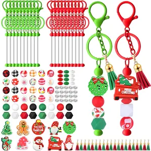 74 Piece Christmas Bead Keychain Set, With 12 Keychains, 10 Christmas Themed Beads, 20 Spacer Beads, 20 Spacer Pieces, And 12 Tassels, Suitable For DIY Craft Projects, Jewelry Making Gifts, Red And Green