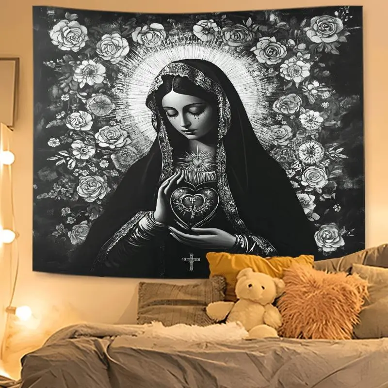 Sacred Heart Virgin Mary Tapestry, Floral Halo Wall Hanging, Religious Theme Artwork Gift for Faith Lovers, Spiritual Decor, Bedroom Wall Decor, Home Decor, Flower Pattern Tapestry