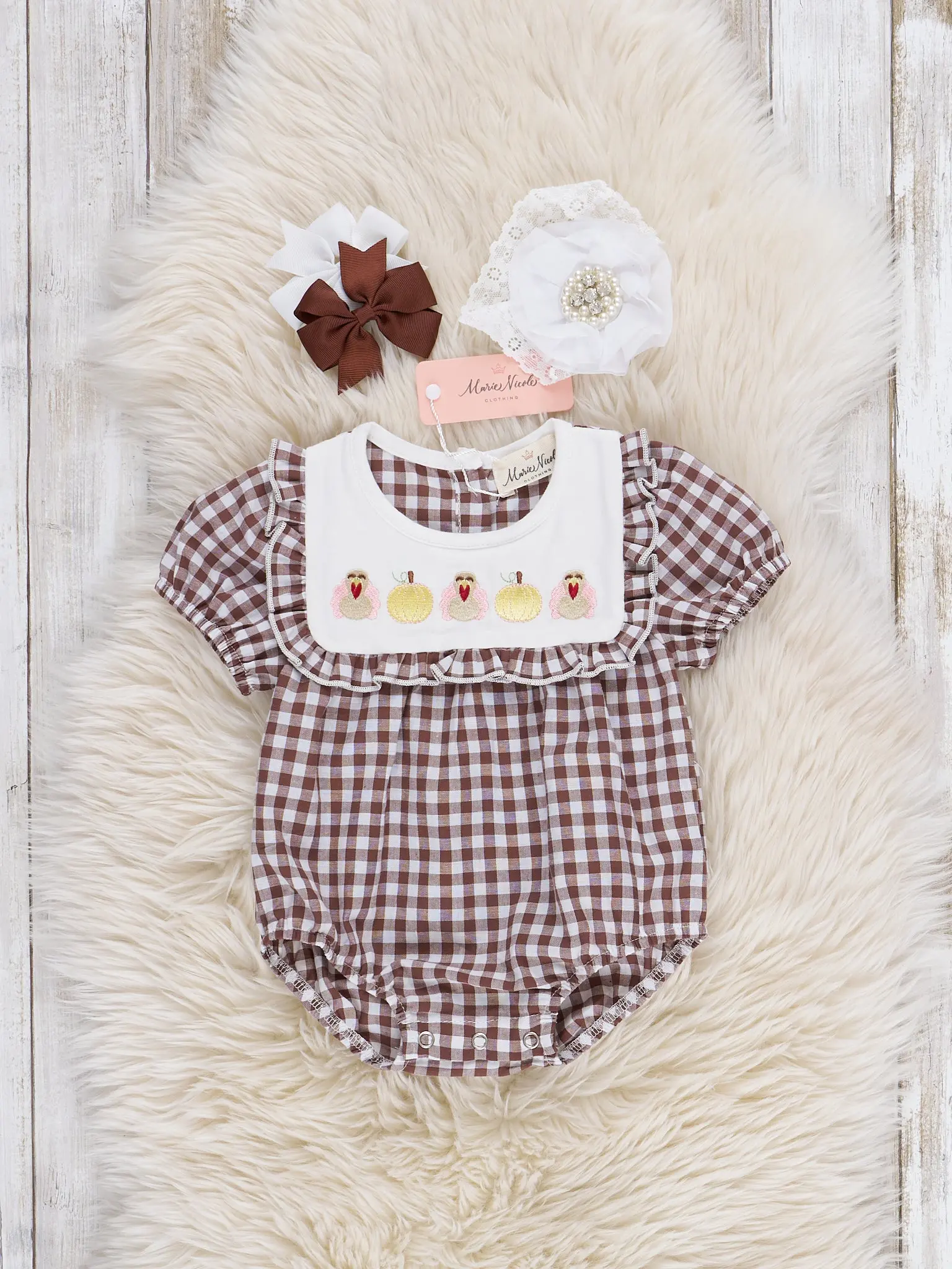 Turkey Flock Gingham Bubble Romper