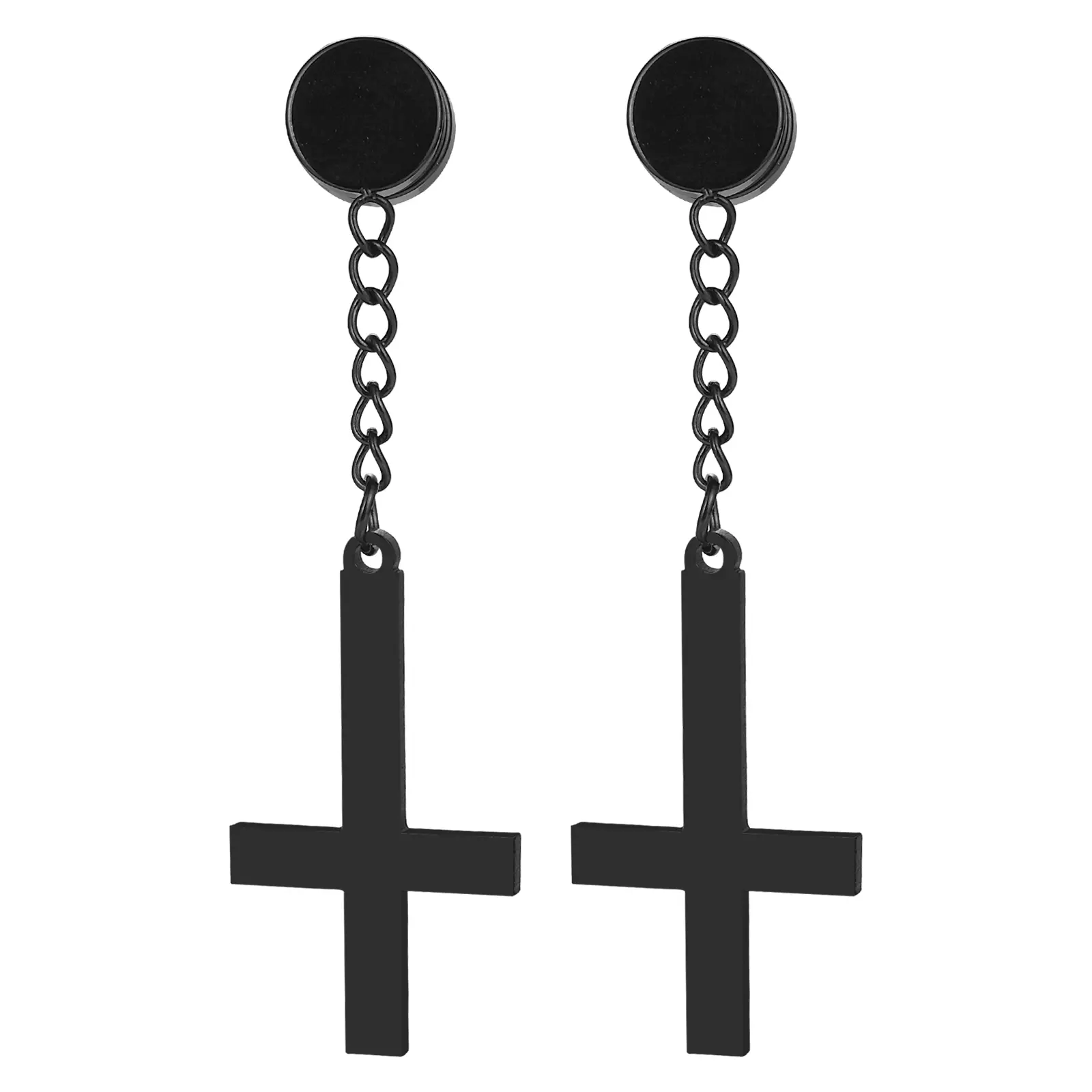 OIDEA Men's Gothic Stainless Steel Inverted Cross Dangle Stud Earrings, Non-Piercing Clip-On Fit, Rare-Earth Magnet, Cross 1.06x0.59 Inches, A-Black/A-Gold/A-Silver Finishes, Metal Coating